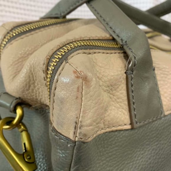 FOSSIL Erin Colourblocked Satchel Leather Khaki Beige Double Zip Carry Bag - Picture 8 of 15